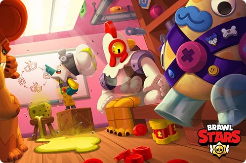 Geanimeerde personages uit Brawl Stars in een chaotische actiescène met felle kleuren, wapens en dynamische gameplay-elementen