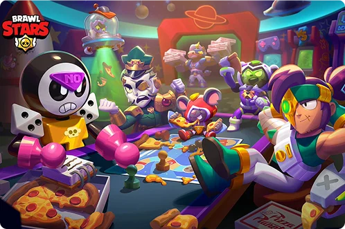 Kleurrijke gevechtsscène uit Brawl Stars waarin meerdere personages het tegen elkaar opnemen in een levendige indoorarena vol gadgets en special effects