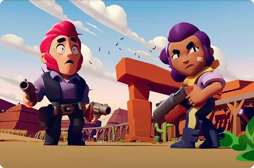 Twee personages uit Brawl Stars staan in een omgeving met een Wild West-thema, klaar voor de strijd in een gestileerde multiplayer-shooter