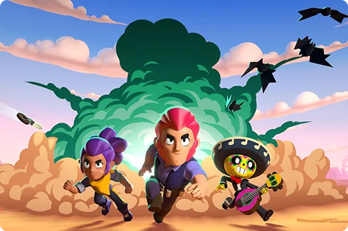 Brawl Stars-personages rennen door een woestijnlandschap met cactussen en een stralende hemel, waarbij de actievolle gameplay van deze mobiele game goed tot zijn recht komt