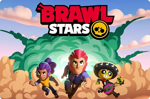 Brawl Stars-personages rennen door een woestijnlandschap met cactussen en een stralende hemel, waarbij de actievolle gameplay van deze mobiele game goed tot zijn recht komt